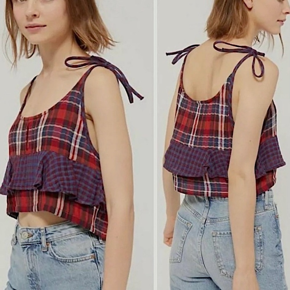Urban Outfitters Jo Plaid Tie-Shoulder Crop Top Women’s Small 100% Cotton